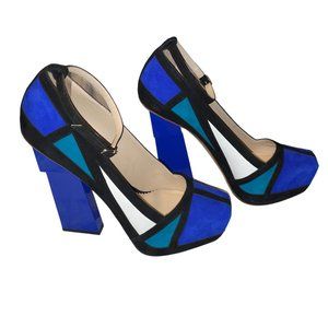 New Aperlai Geisha Mondrian Blue Suede Platform Heels Pumps Sz 38.5 Designer